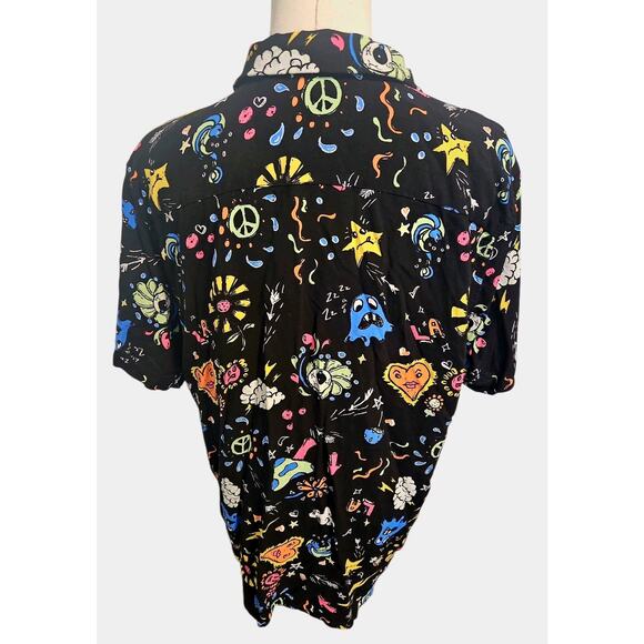 4th Dimension Men's Collar Button Shirt Peace Stars Lightning Sz L Wild Print - Picture 3 of 5